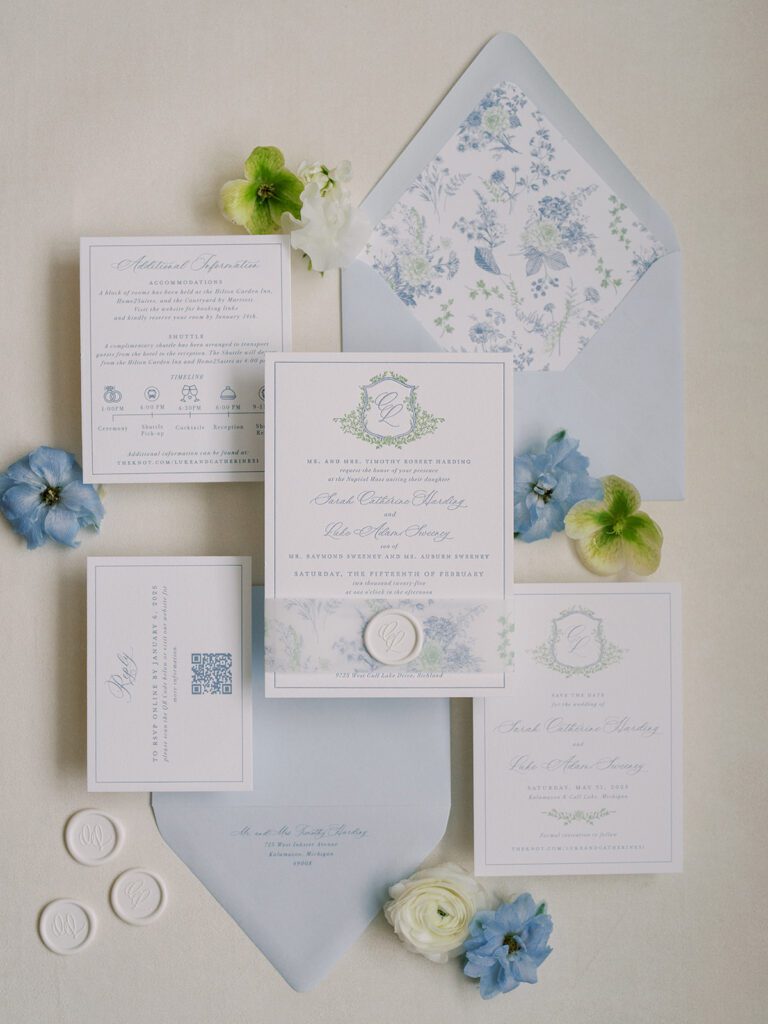 Blue floral wedding invitations